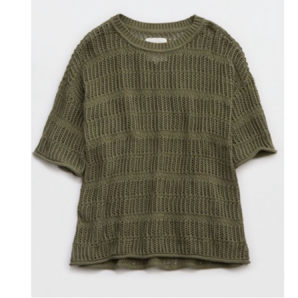 Aerie Olive Crochet Short Sleeve Sweater